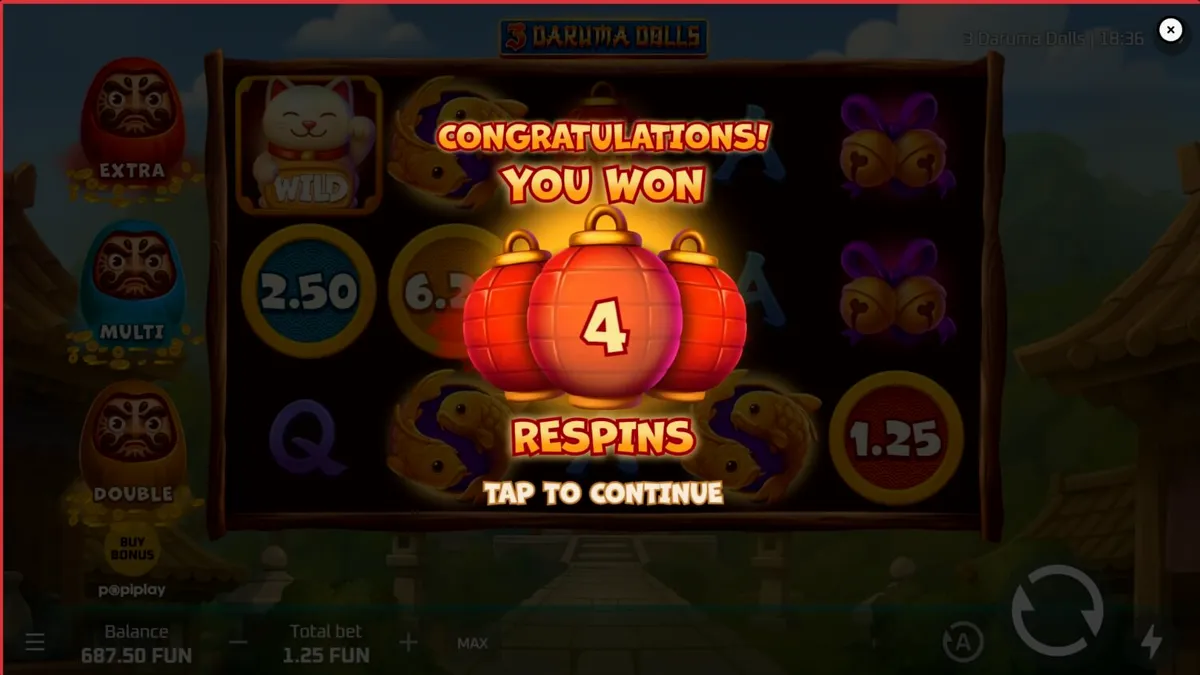Tampilan visual slot 3 Daruma Dolls dengan latar belakang kuil Jepang yang mistis