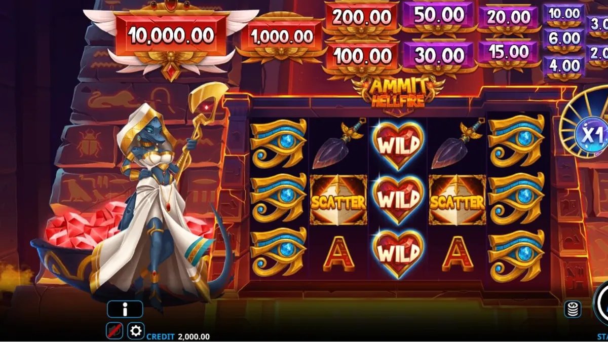 Tampilan visual slot Ammit Hellfire dengan latar belakang Mesir kuno dan karakter dewi Ammit.